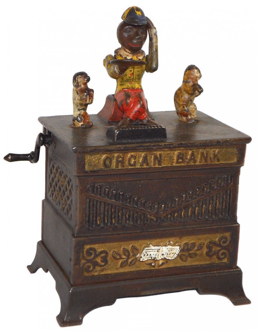 Mechanical bank, Organ Bank w/Cat & Dog, cast iro: Mechanical bank, Organ Bank w/Cat & Dog, cast iron, mfd by Kyser & Rex, c.1882, monkey has glued repair, works great, 8"H x 5.5"W.
