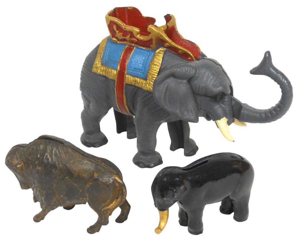 Mechanical & still banks (3), lg mech Elephant Ho: Mechanical & still banks (3), lg mech Elephant Howdah - Pull Tail, c.1934, 5.5"H; Elephant w/swivel trunk, Scarce, 2.5"H & buffalo, Arcade or A.C. Williams, 3"H, all cast iron, VG/Exc cond.
