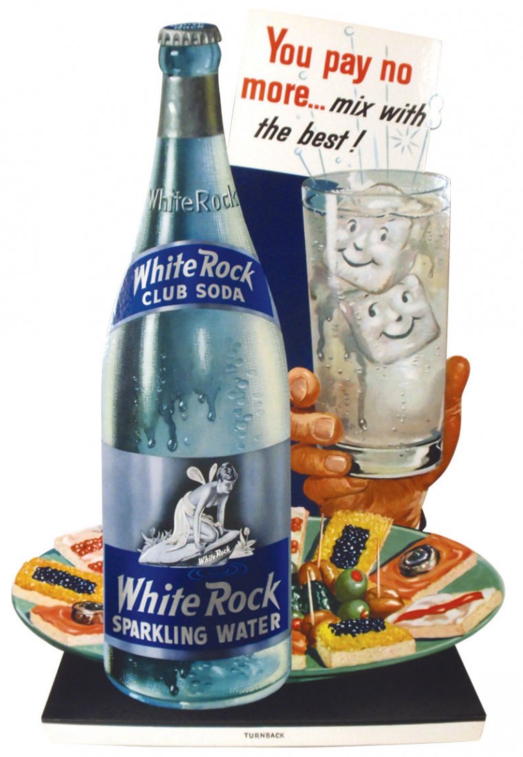 White Rock Club Soda & Sparkling Water die cut cd: White Rock Club Soda & Sparkling Water die cut cdbd easel-back sign, new-old-stock, colorful graphics, Exc cond, 31"H x 20"W.
