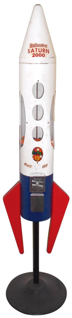 Coin-operated gumball vendor, Northwestern Saturn: Coin-operated gumball vendor, Northwestern Saturn 200 Rocket, dispenses 1 Cent gumballs, large Rare floor model in Exc working cond, 64"H x 14"W.
