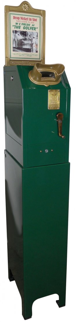 Coin-operated mutoscope, mfd by International Mut: Coin-operated mutoscope, mfd by International Mutoscope Corp.-Long Island City, NY, works great, Exc restored cond w/newer W.C. Field's "The Golfer" reel & matching top sign, Exc restored cond, 66.5"H