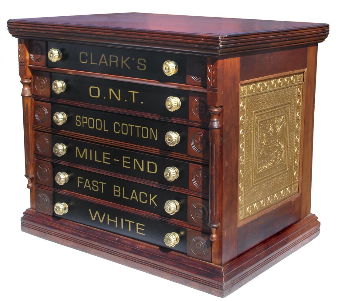 Spool cabinet, Clark's Mile-End, cherry 6 drwr w/: Spool cabinet, Clark's Mile-End, cherry 6 drwr w/orig brass balloon knobs, replaced drwr fronts & exact replacement side (pine cones) & back panel, c.1900, VG restored cond, 21"H x 26"W x 19"D.