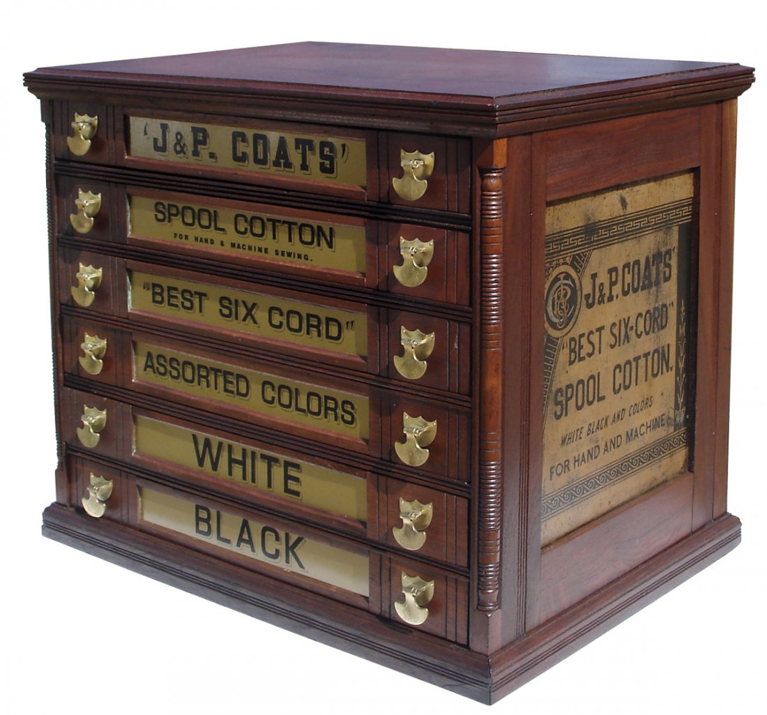 Spool cabinet, J&P Coats' 6 drwr, walnut w/orig a: Spool cabinet, J&P Coats' 6 drwr, walnut w/orig anchor pulls, correct replacement front & L side labels, back & R side are orig, a hard-to-find cabinet in VG restored cond, 21"H x 24"W x 18"D.