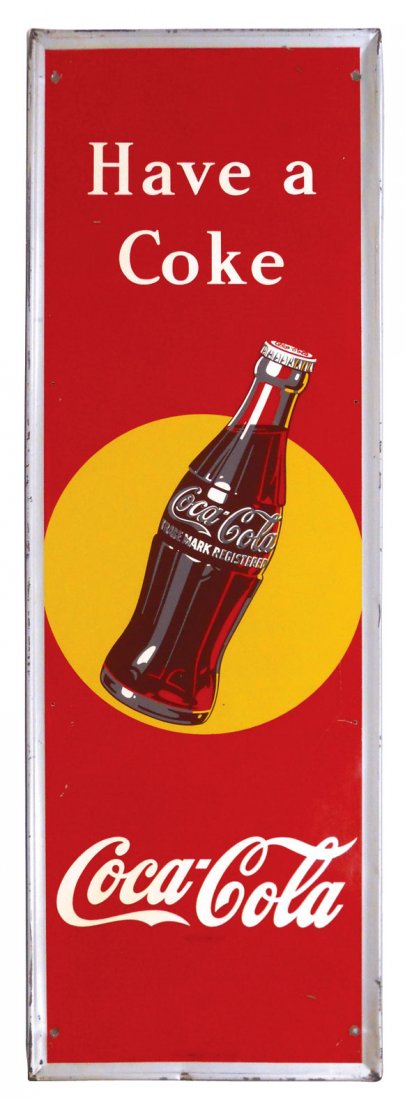 Coca-Cola self-framed metal advertising sign, mad: Coca-Cola self-framed metal advertising sign, made by R. S. Co.-USA, some paint scratches o/wise VG cond, 54"H x 18"W.