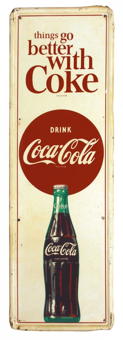 Coca-Cola self-framed metal advertising sign, som: Coca-Cola self-framed metal advertising sign, some paint scratches & dents o/wise VG cond, 54"H x 18"W.