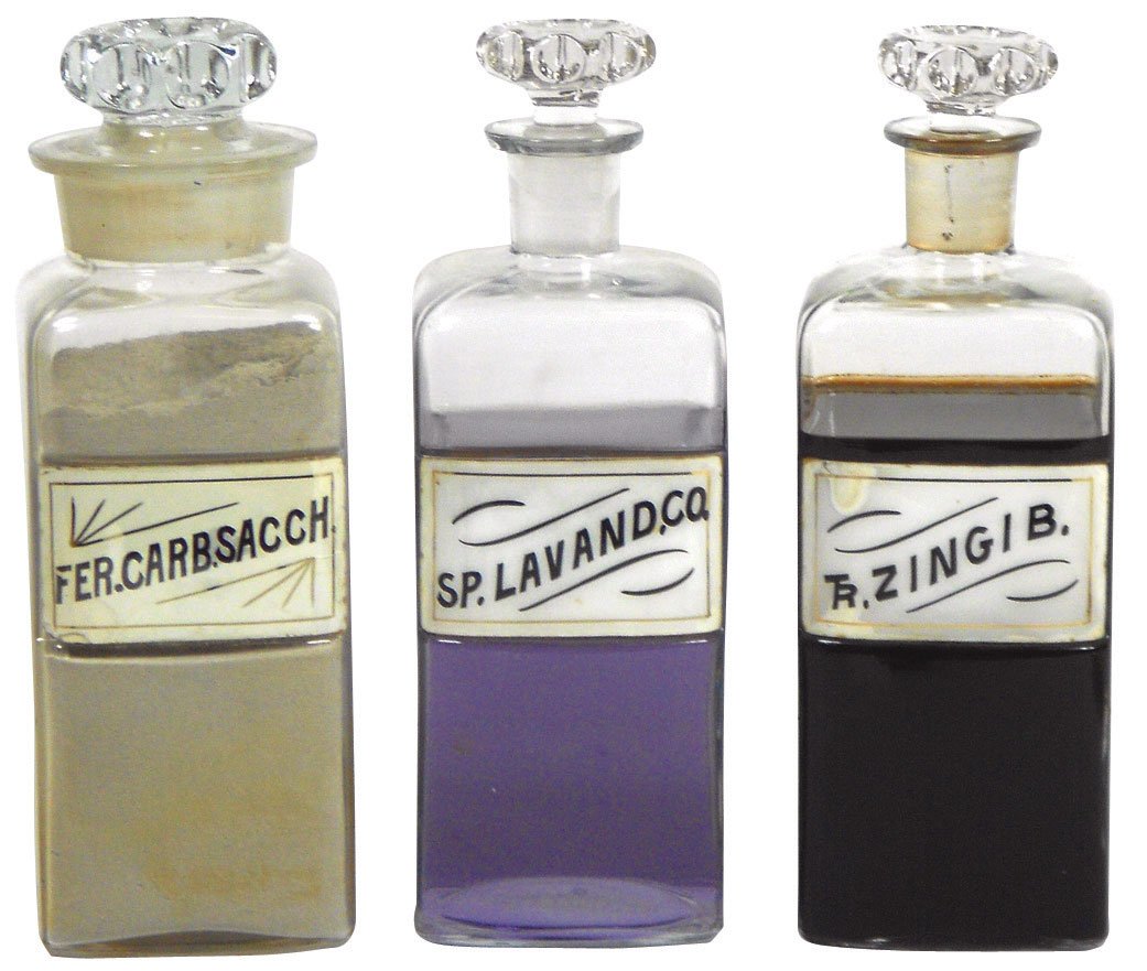 Apothecary jars (3), early square label-under-gla: Apothecary jars (3), early square label-under-glass jars, Fer. Carb. Sacch (label shows crack & chip at bottom), Tr. Zingi B & Sp. LaVand. Co., all w/product, Exc cond unless noted, 10"H.