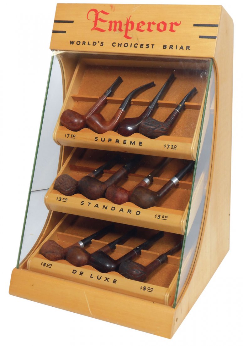 Smoking, pipe display, Emperor-World's Choicest B: Smoking, pipe display, Emperor-World's Choicest Briar counter display case w/Supreme, Standard & DeLuxe trays, 3 pull-out shelves full of old pipes, wood w/slanted glass front, c.1940's, Exc cond, 18"