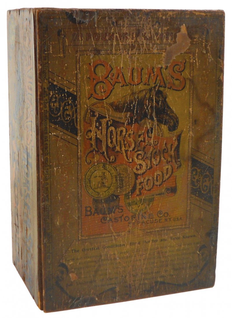 Veterinary counter display box, Baum's Horse & St: Veterinary counter display box, Baum's Horse & Stock Food, mfd by Baum's Castorine Co.-Syracuse, NY, wood box w/wonderful paper labels on top & all sides, pictures horses & cows, inside hinged lid has