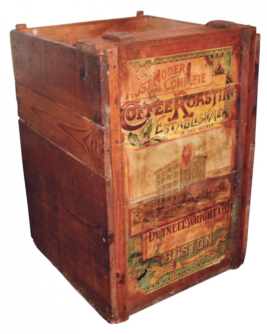 Coffee box from Dwinnell-Wright, Fresh Roasted Bo: Coffee box from Dwinnell-Wright, Fresh Roasted Boston Coffee-Joyful Brand, labels are different on front & back, 21"H x 15"W x 15"D.