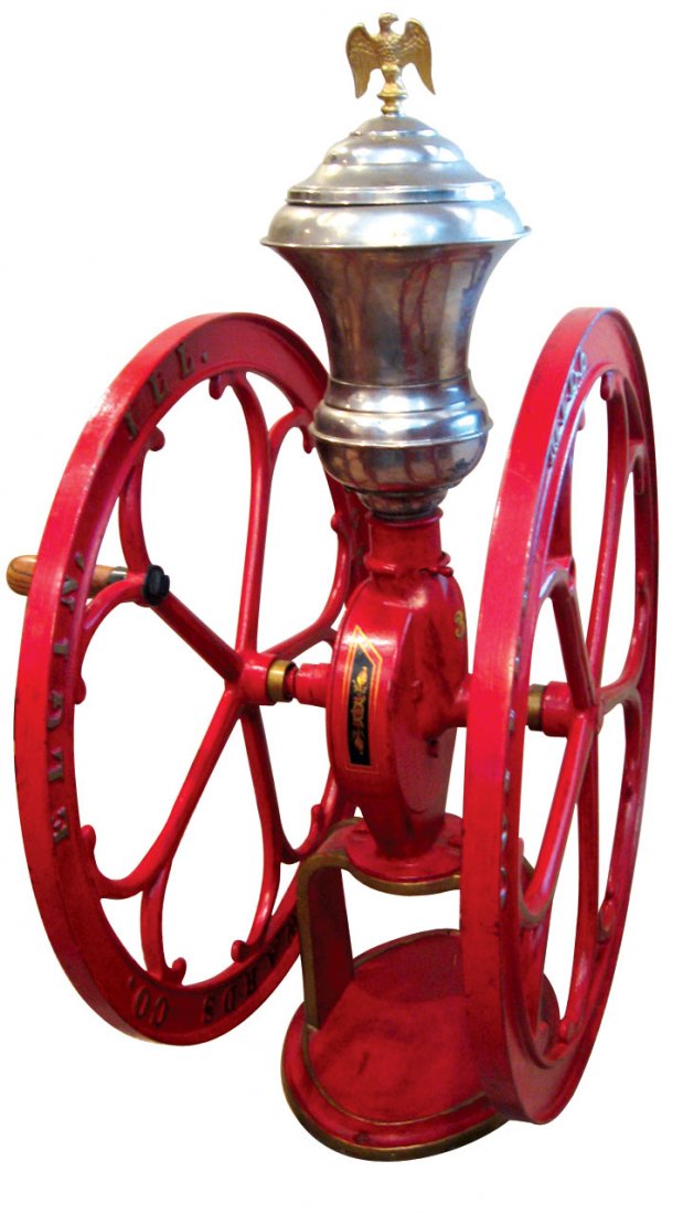 Coffee grinder, Elgin National Woodruff Edwards #: Coffee grinder, Elgin National Woodruff Edwards #39, Elgin National on one side, Woodruff Edwards on opposite side of the wheel, VG older restoration w/crack in one wheel spoke, 145 lbs, 38"H w/25"Dia