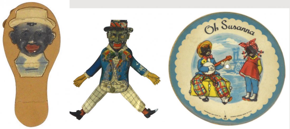 Black Americana (6 pcs), Black Uncle Sam nodder m: Black Americana (6 pcs), Black Uncle Sam nodder marked Germany, composition, c.1930, 6"H, Good cond, cdbd clapper toy w/embossed black face on both sides (bend on handle), Dapper Dan tin jumping-jack