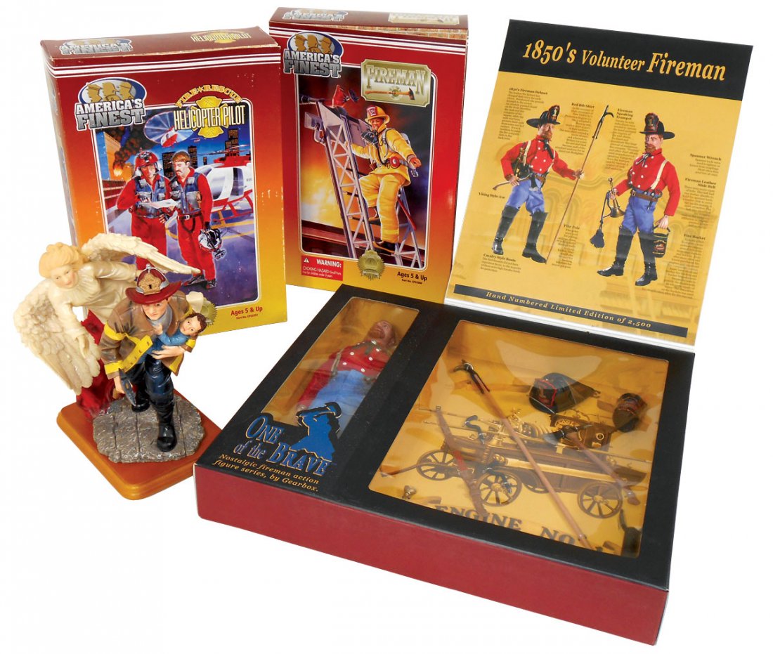 Toy Fire Engines (3), 1850's Fireman, Helipilot/F: Firemen action figures & Fireman w/Angel figure (4 pcs); includes 1850's Fireman, Helipilot & additional fireman figure, all MIB, 9" to 11"H.