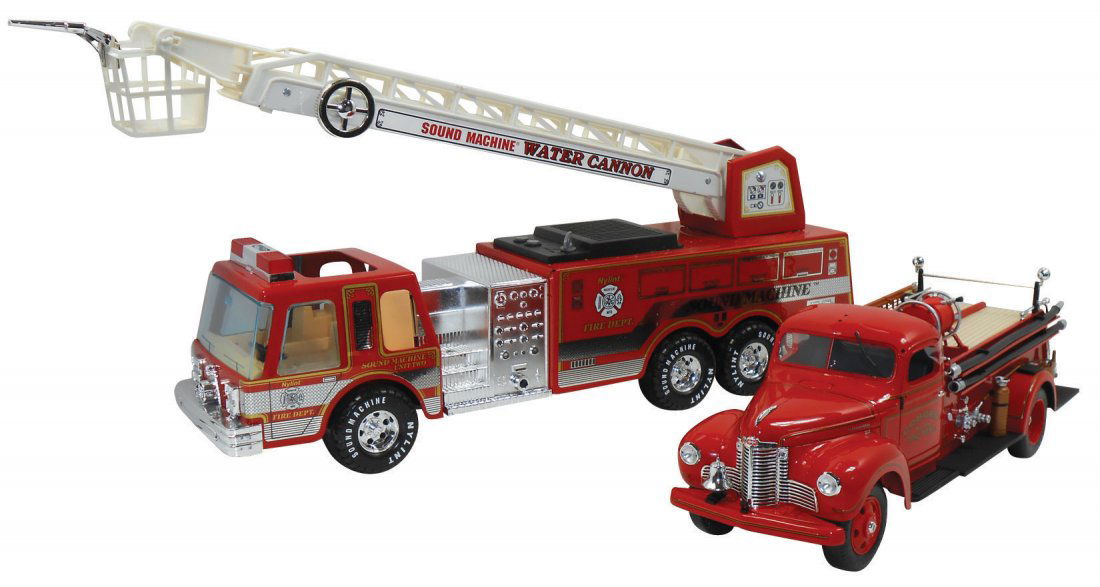Toy Fire Trucks (2), International KB-5 Coburg Fi: Toy Fire Trucks (2), International KB-5 Coburg Fire Department #98, DC, MIB, 16"L & Nylint Sound Machine Water Cannon, MIB, 23"L.