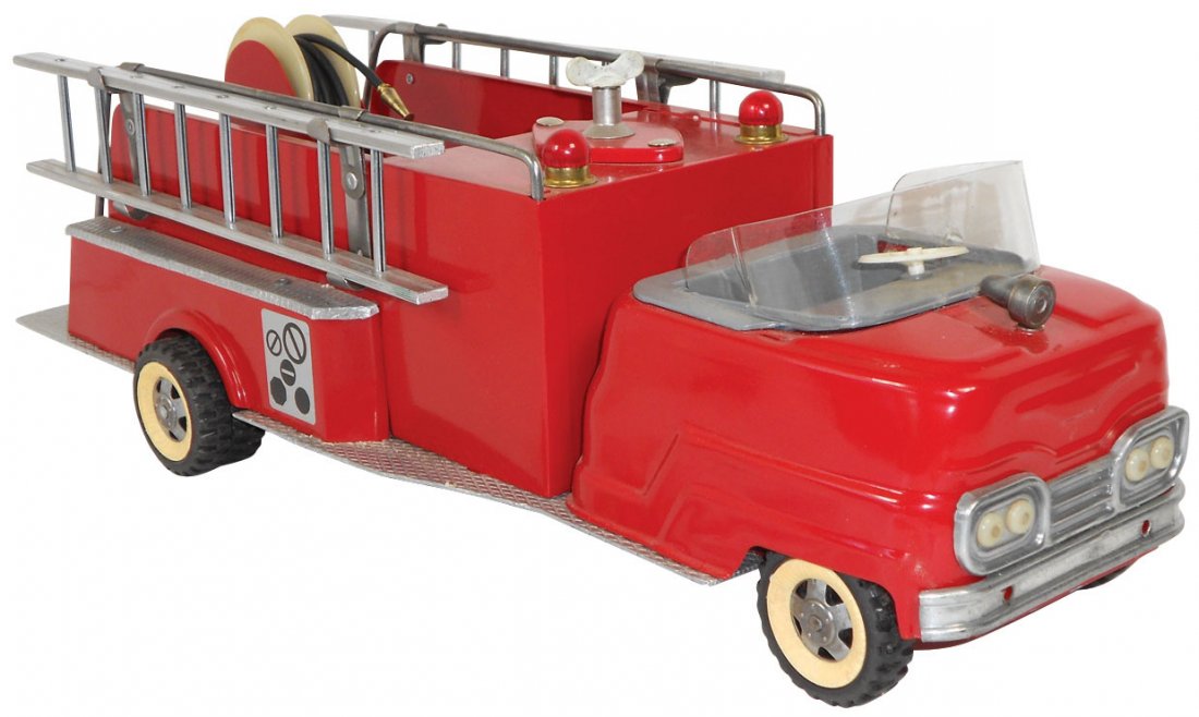 Toy Fire Engines (3), Structo Pumper w/hose & lad: Toy Fire Engines (3), Structo Pumper w/hose & ladders, no driver, Near-Mint orig cond, 6"H x 20"L, Structo Emergency Truck, c.1960, pressed steel, yellow, missing ladder, VG orig cond w/nice decals & 