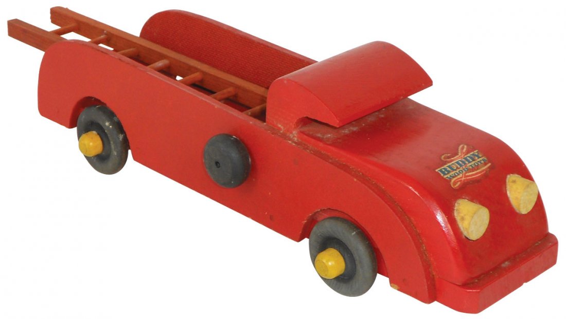 Toy Fire Trucks (2), Buddy L Wood Toys ladder tru: Toy Fire Trucks (2), Buddy L Wood Toys ladder trucks, c.1940's, very early models, both complete w/good working ladders & clear decals, both in VG orig cond, 4"H x 12"L.