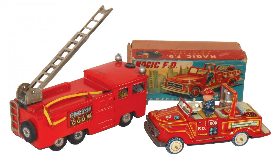 Toy Fire Engines (2), Yoshiya KO Japan ladder & u: Toy Fire Engines (2), Yoshiya KO Japan ladder & unmarked friction truck, worn box, both VG to Exc cond, 8"L.