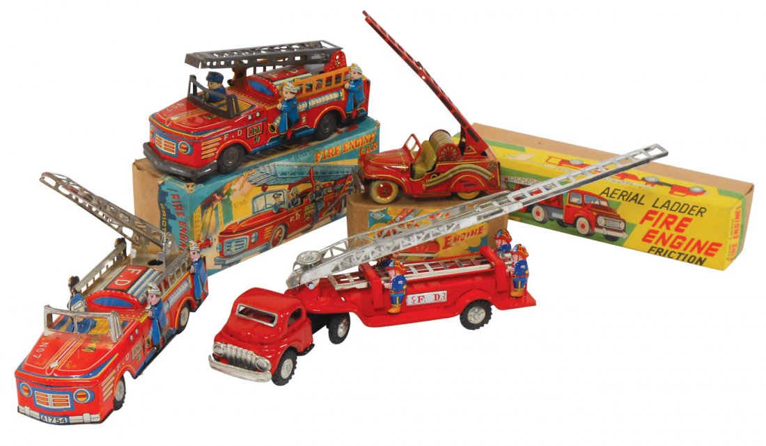 Toy Fire Engines (4), tinplate friction, 2 Nishim: Toy Fire Engines (4), tinplate friction, 2 Nishimura trucks, one w/damaged box, good graphics, Kokyu aerial ladder, Kato Siren w/fair box, VG to Exc cond, 5" to 11"L.