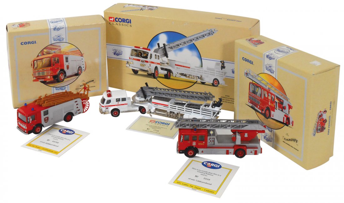 Toy Fire Engines (3), Corgi, DC Ltd. Ed., Cardiff: Toy Fire Engines (3), Corgi, DC Ltd. Ed., Cardiff ladder, Nottingham pump escape & American LaFrance aerial, MIB.