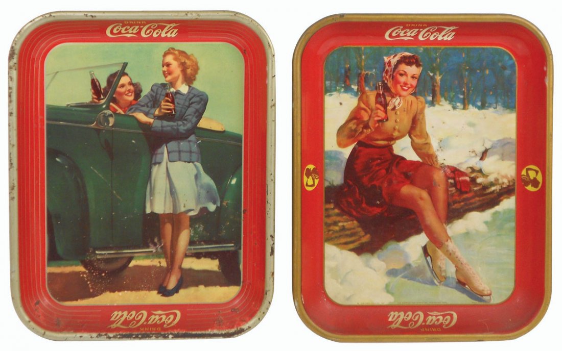 Coca-Cola serving trays (2), c.1941 ice skater &: Coca-Cola serving trays (2), c.1941 ice skater & c.1942 girls w/car, The American Art Works Inc.- Coshocton, OH, Good cond w/areas of paint loss on both, 10.5"H x 13.25"W.