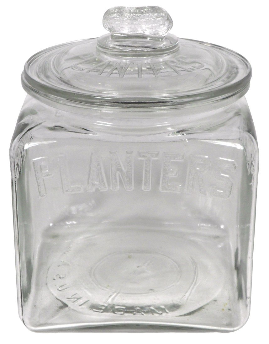 Planters Peanut jar w/correct embossed peanut lid: Planters Peanut jar w/correct embossed peanut lid, Exc cond, 10"H x 7"Sq.