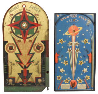 Games (2), Rocket Shot bagatelle, No. 595, arched: Games (2), Rocket Shot bagatelle, No. 595, arched metal & wood frame, mfd by The Lindstrom Tool & Toy Co.-Bridgeport, CT (paper directions on back) & Shooting Star bagatelle G-128, mfd by Gotham Press