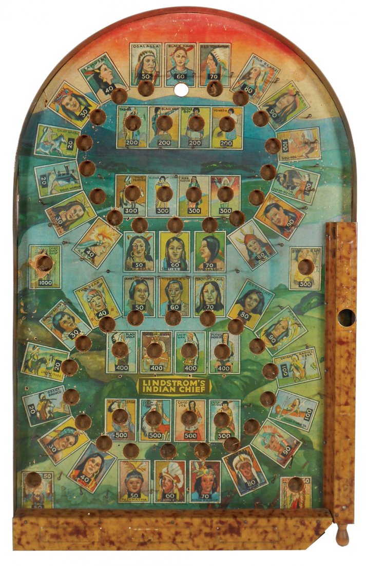 Game, Lindstrom's Indian Chief bagatelle, colorfu: Game, Lindstrom's Indian Chief bagatelle, colorful litho on metal, dated 1934 w/paper instructions on back, VG cond, 24"H x 14"W.