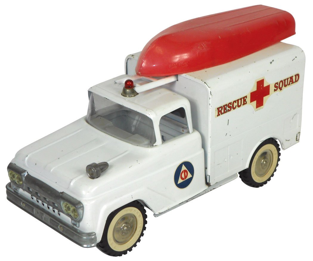Toy Fire Engines (3), Tonka Rescue Truck w/red li: Toy Fire Engines (3), Tonka Rescue Truck w/red light & ladder, boat complete, missing back doors, orig paint in VG cond, Tonka Water Cannon w/working ladder, siren turns but no sound, o/wise Exc cond
