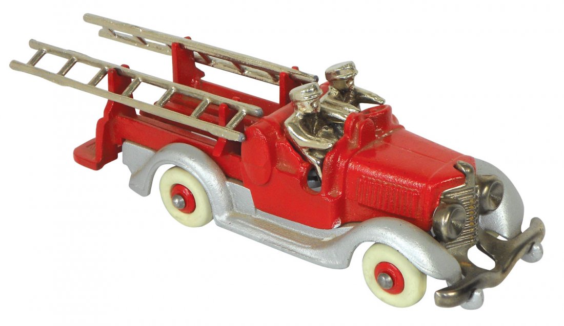 Toy Fire Engine, Hubley Fire Truck, cast iron, me: Toy Fire Engine, Hubley Fire Truck, cast iron, metal removable firemen & ladders, an exceptional truck in Mint cond, 3"H x 8.5"L.