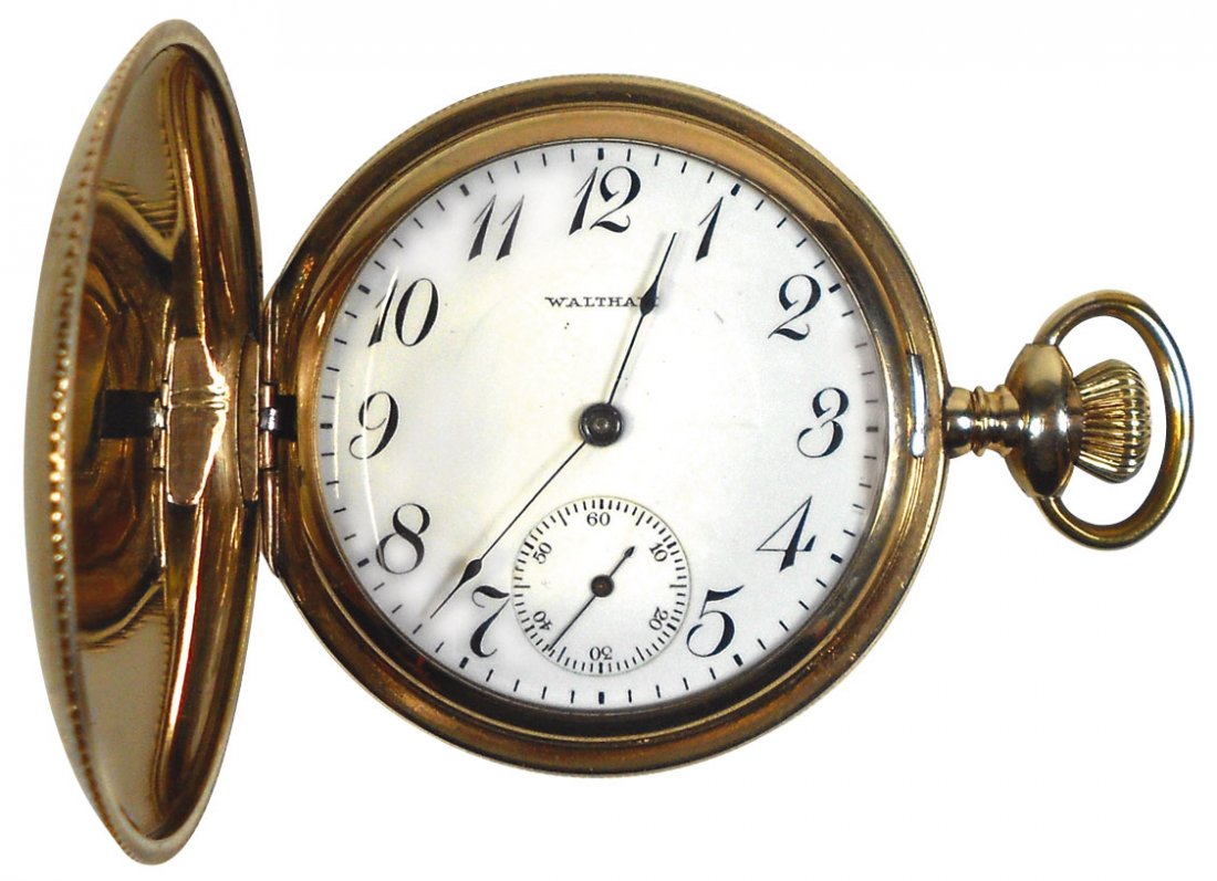 Watch, Waltham Watch Co., gold filled hunter case: Watch, Waltham Watch Co., gold filled hunter case, size 16, sidewinder, Exc working cond.