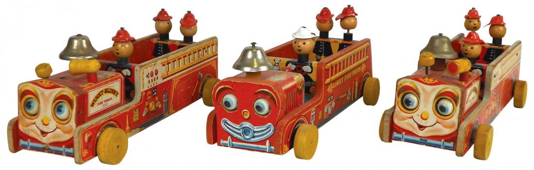 Toy Fire Engines, set of 3 Fisher Price, all wood: Toy Fire Engines, set of 3 Fisher Price, all wood w/some plastic trim, all firemen on board, bell on front, overall Good cond, 5"H x 12"L.