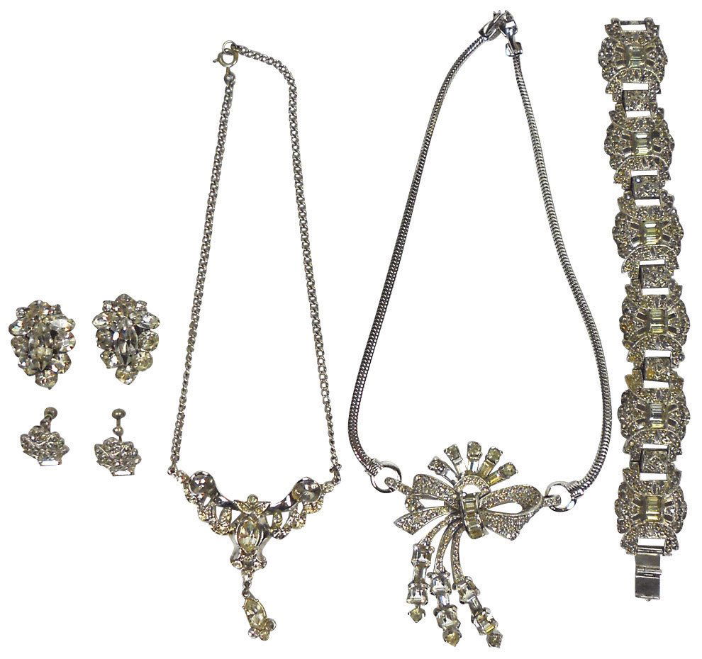Jewelry, 7 pcs, exquisite Mazer (1939-1951) bow-s: Jewelry, 7 pcs, exquisite Mazer (1939-1951) bow-shaped necklace w/cascading ribbons of square, emerald & round prong-set rhinestones, pear-shaped silver plated earrings w/center marquise surrounded by