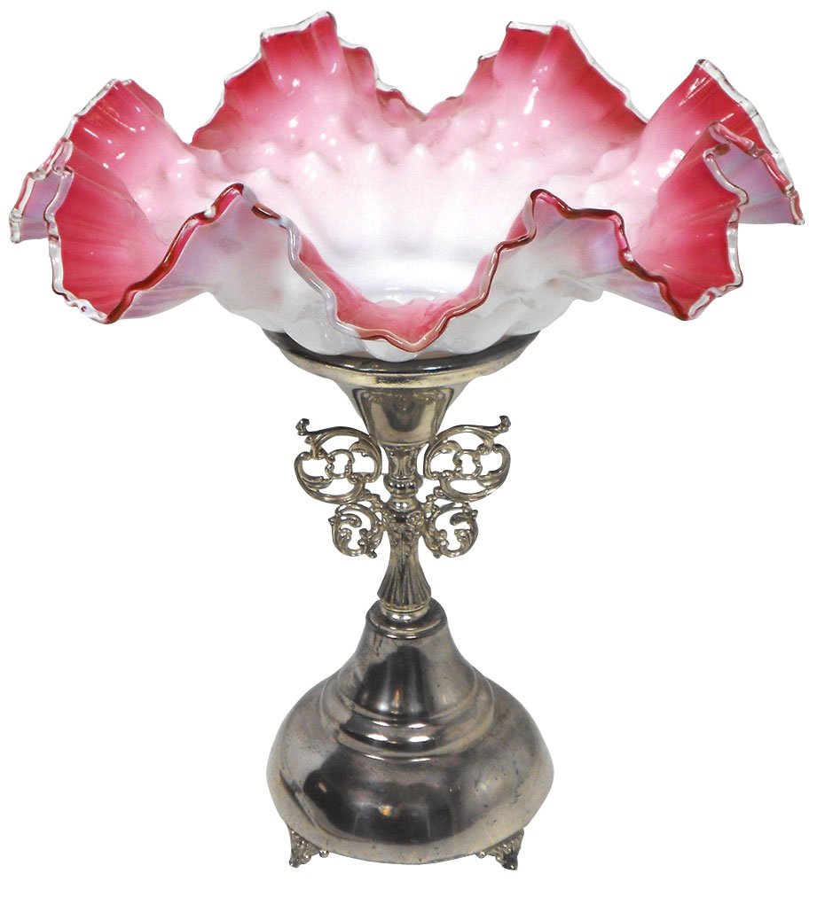 Glassware, silver-plated pedestal w/cranberry to : Glassware, silver-plated pedestal w/cranberry to white ruffled glass dish, Exc cond, 12"H x 11"Dia.
