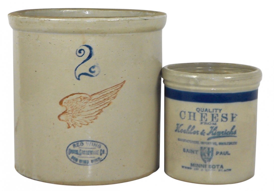 Stoneware, Red Wing advertising beater jar from K: Stoneware, Red Wing advertising beater jar from Koehler & Kinrichs-St. Paul, MN, Exc cond w/small bottom flake & Red Wing 2-gal Wing crock, Exc cond w/small chip on bottom edge.