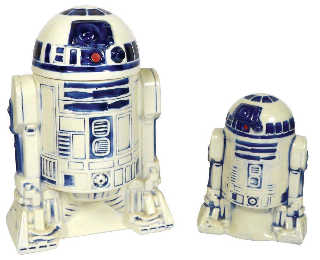 Cookie jar & bank, Star Wars R2D2, both embossed : Cookie jar & bank, Star Wars R2D2, both embossed "c.1977 20th Century-Fox Film Corp" on bottom, small glaze chip on back rim of jar lid, o/wise both Exc cond, 13"H & 8.5"H.