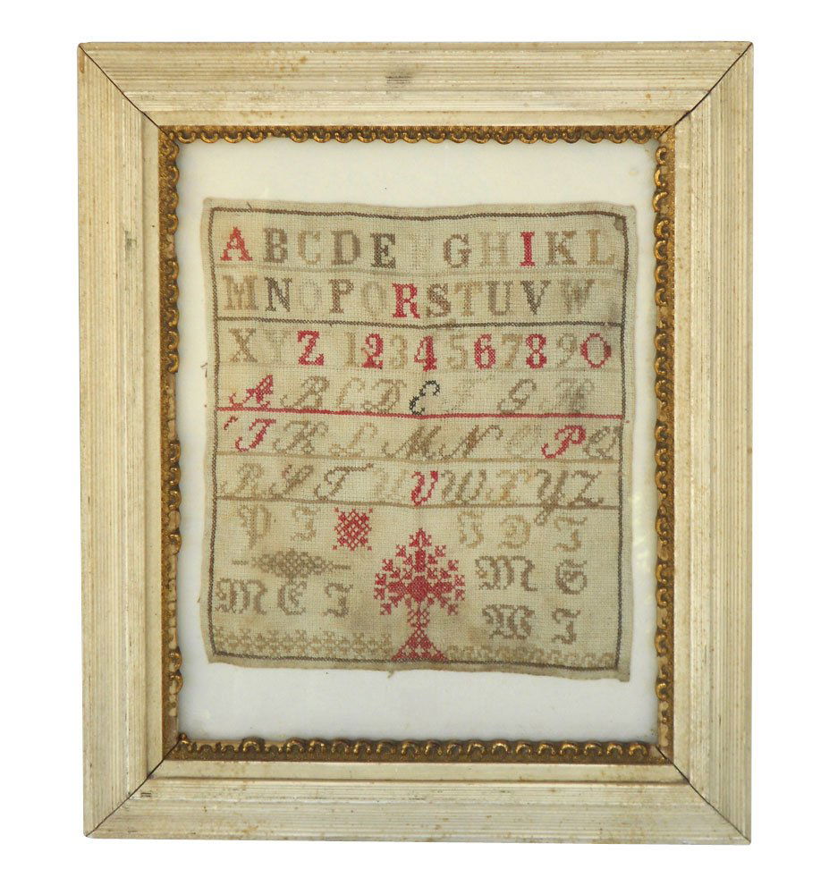 Samplers (3), schoolgirl needlepoint examples w/A: Samplers (3), schoolgirl needlepoint examples w/ABC's & numbers, largest one dated 1829, 20"H x 18"W, 11"H x 10"W & 9"H x 8.5"W, all Good to VG cond w/minor losses.