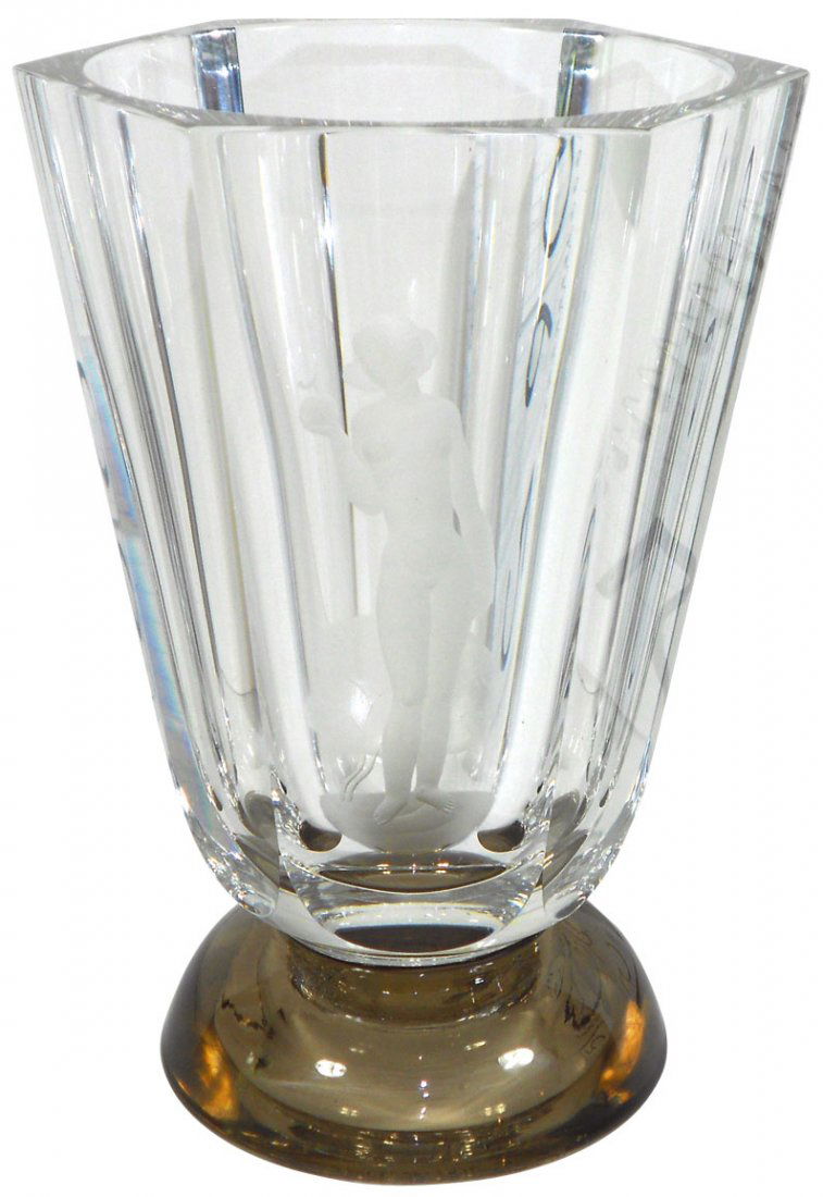 Art glass vase, Orrefors (Sweden) nude "Eve with: Art glass vase, Orrefors (Sweden) nude "Eve with Apple", signed on bottom 1514.A-3-HR, c.1930's, Exc cond, 7"H x 5"W.