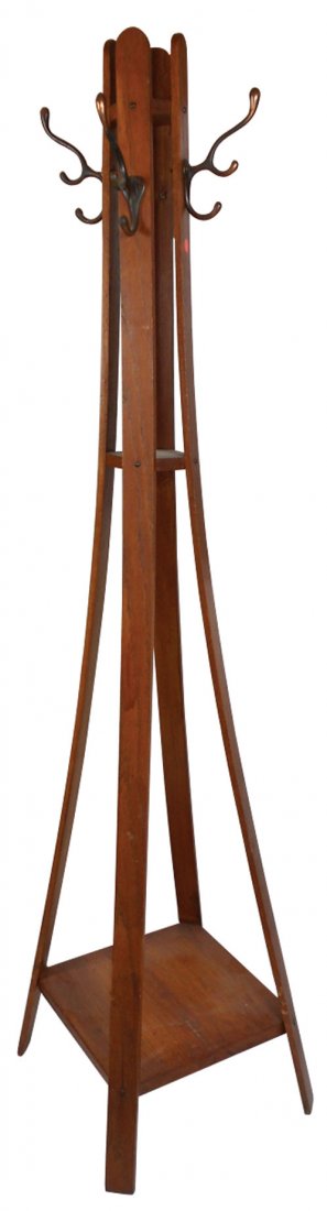 Arts & Crafts hall tree/coat rack, oak w/cast iro: Arts & Crafts hall tree/coat rack, oak w/cast iron hooks, Exc cond, 72"H x 18"W at bottom.
