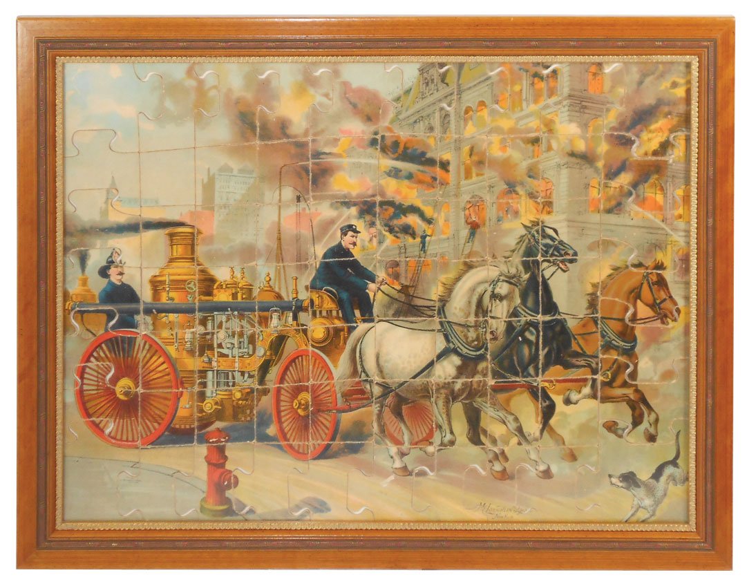 Toy, Fire Puzzle, McLoughlin, great color & graph: Toy, Fire Puzzle, McLoughlin, great color & graphics, Exc cond, framed, 21"H x 27.5"W.