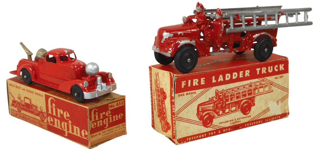 Toy Fire Engines (2), Freeport Fire Engine w/box,: Toy Fire Engines (2), Freeport Fire Engine w/box, cast aluminum, all ladders present, minor paint loss, o/wise VG cond, box missing end flaps, 4"H x 8.5"L & Hubley Kiddie Pumper w/box, cast white meta