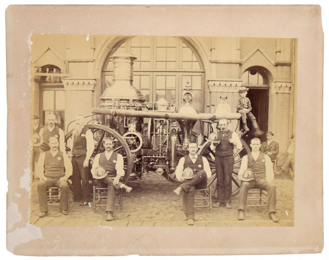 Louisville fire engine cabinet card, an unusual A: Louisville fire engine cabinet card, an unusual Ahrens engine, built in 1875 where the flywheel of the single cylinder vertical engine is mounted across the straight frame, probably Louisville, KY Fir