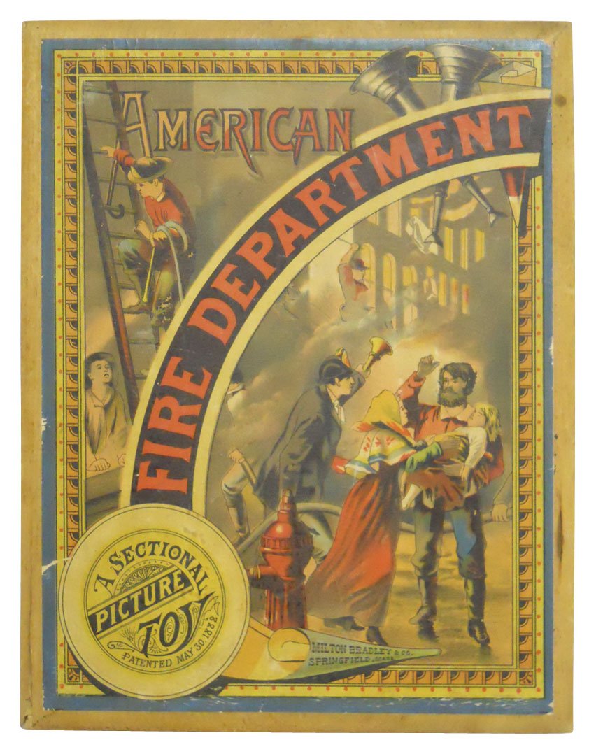 Toy, American Fire Department Picture Toy/Puzzle,: Toy, American Fire Department Picture Toy/Puzzle, mfd by Milton Bradley, Rare, dated May 3, 1882, Exc cond, box is 8" x 10".
