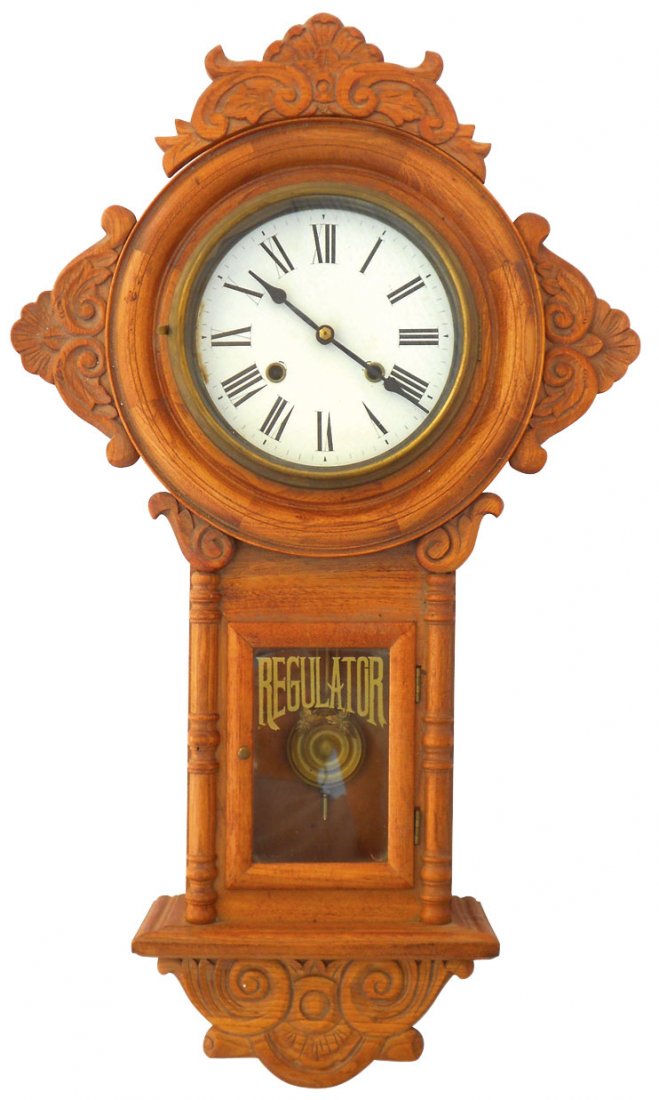 Clock, walnut wall regulator w/fancy pendulum & k: Clock, walnut wall regulator w/fancy pendulum & key, metal dial, VG/Exc cond, 38"H x 18"W.