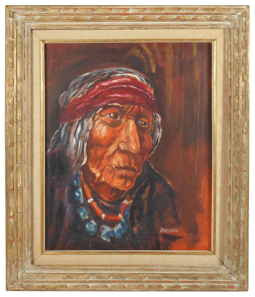 Fine art, oil on canvas, American Indian portrait: Fine art, oil on canvas, American Indian portrait by Native American artist Robert Freeman (b.1939), artist signed, framed, Exc cond, 26"H x 21.5"W.
