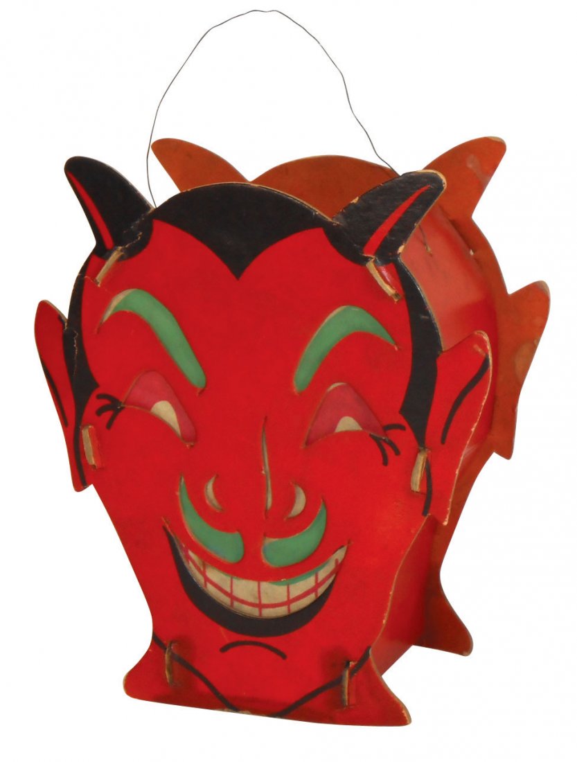 Halloween devil lantern, cdbd w/tissue inserts, c: Halloween devil lantern, cdbd w/tissue inserts, c.1935, VG cond w/soft bends on horns, 7.75"H x 6.75"W.