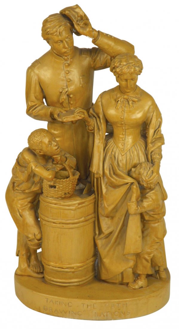 Statue, John Rogers Group titled "Taking The Oath: Statue, John Rogers Group titled "Taking The Oath & Drawing Rations", c.1865 Civil War Period, plaster, soldier has damaged on left wrist (a crack w/a little paint flaked off), VG cond, 22"H x 12" ova