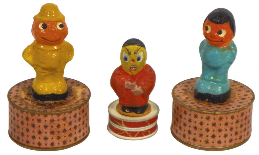 Halloween candy containers (3), composition gobli: Halloween candy containers (3), composition goblins, one stamped "Made in Germany" on bottom, all Exc cond, 2" to 3"H.