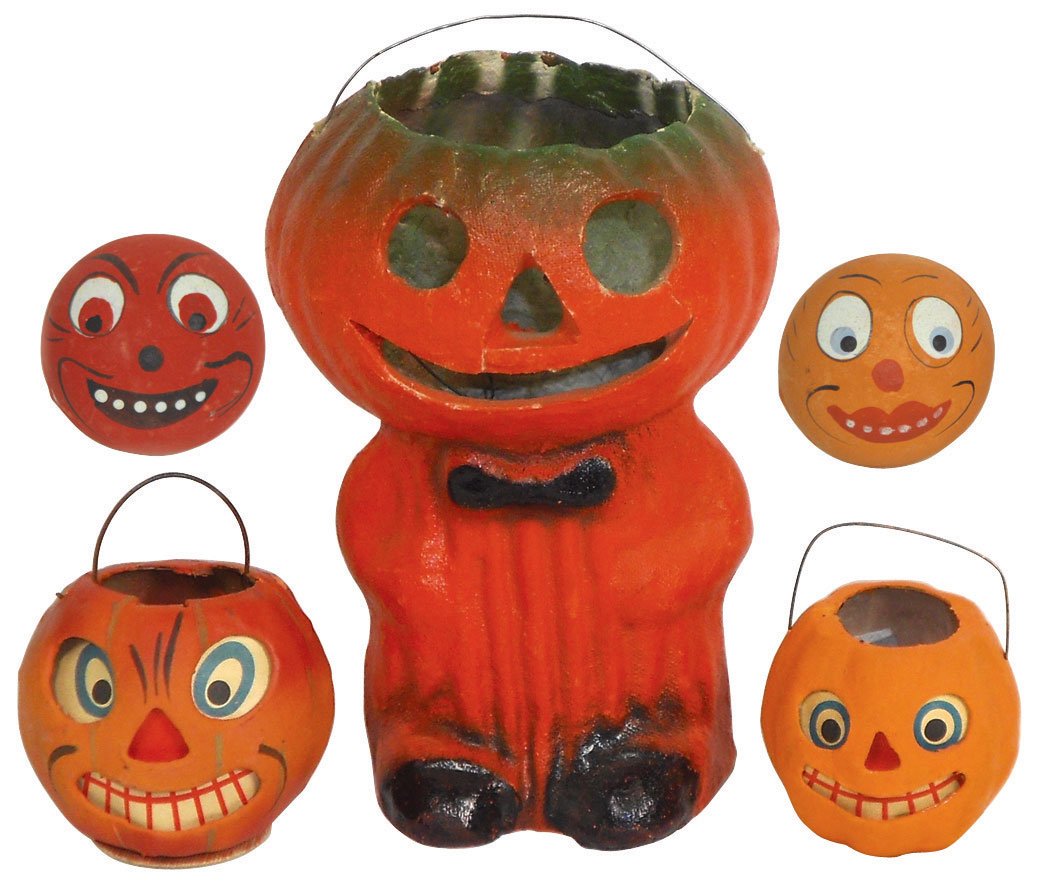 Halloween items (5), full figure papier-mâché Jac: Halloween items (5), full figure papier-mâché Jack-O-Lantern, 7"H, 2 Jack-O-Lanterns w/paper inserts, 2.5" & 3"H & 2 round double-faced candy containers, 2.25"Dia, all Exc cond.