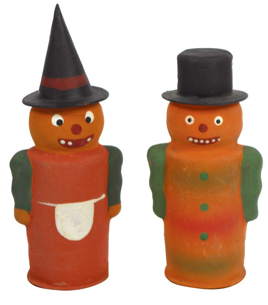 Halloween candy containers (2), papier-mâché pump: Halloween candy containers (2), papier-mâché pumpkin man with top hat, marked Germany, 5.5"H & pumpkin woman with witch hat, 7"H, both Exc cond.