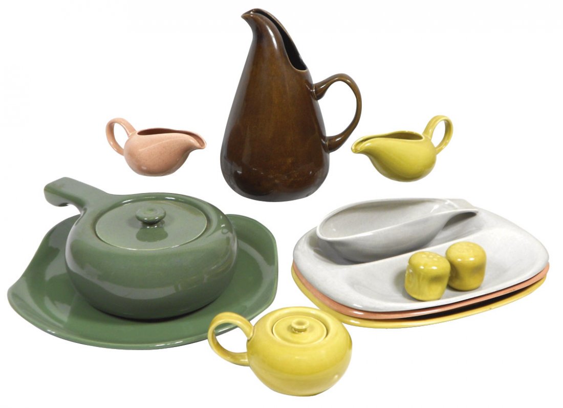Russel Wright ceramic dinnerware (12 pcs), c.1930: Russel Wright ceramic dinnerware (12 pcs), c.1930's-40's era, includes 3 divided serving trays, 13.5" x 10", gravy boat, salt/pepper set, sugar bowl, 2 creamers, pitcher (chip on spout), 11"H, covered