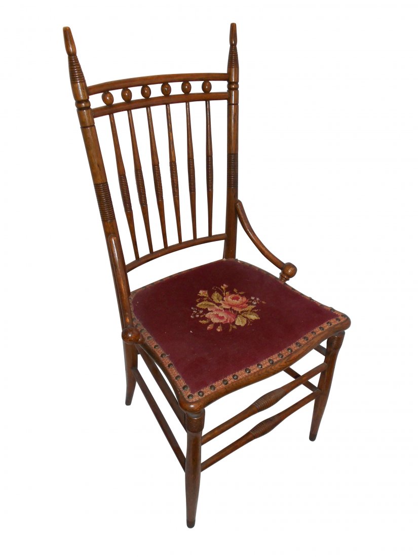 Furniture, oak spindle-back side chair w/rose nee: Furniture, oak spindle-back side chair w/rose needlepoint seat, delicate turned spindles, Exc cond, 38"H x 18.5"W.